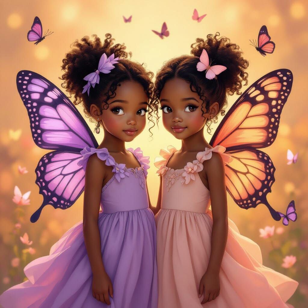 Two Black Girls with Butterfly Wings in Painterly Style