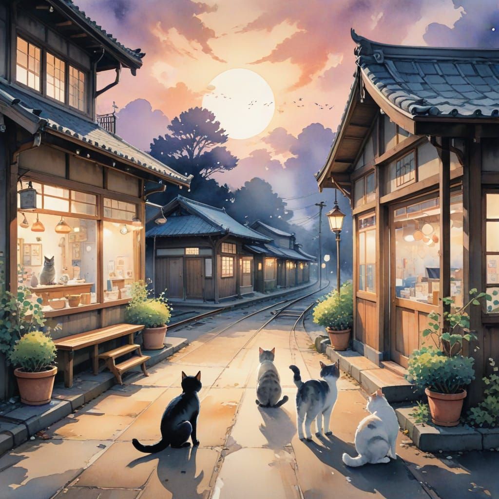 Ethereal Twilight Cat Town Watercolor Illustration