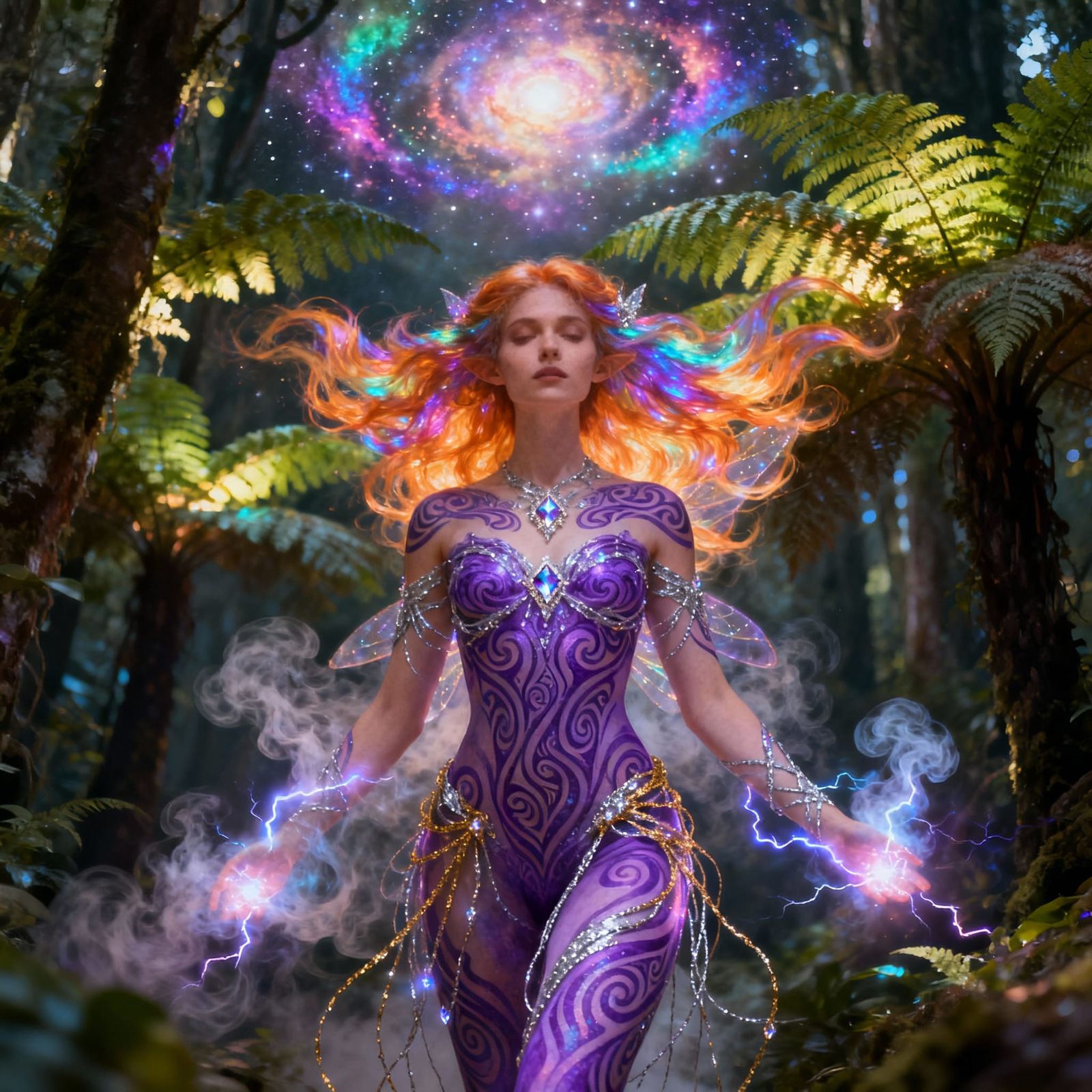 Fairy in Forest with Fiery Hair and Bioluminescent Smoke