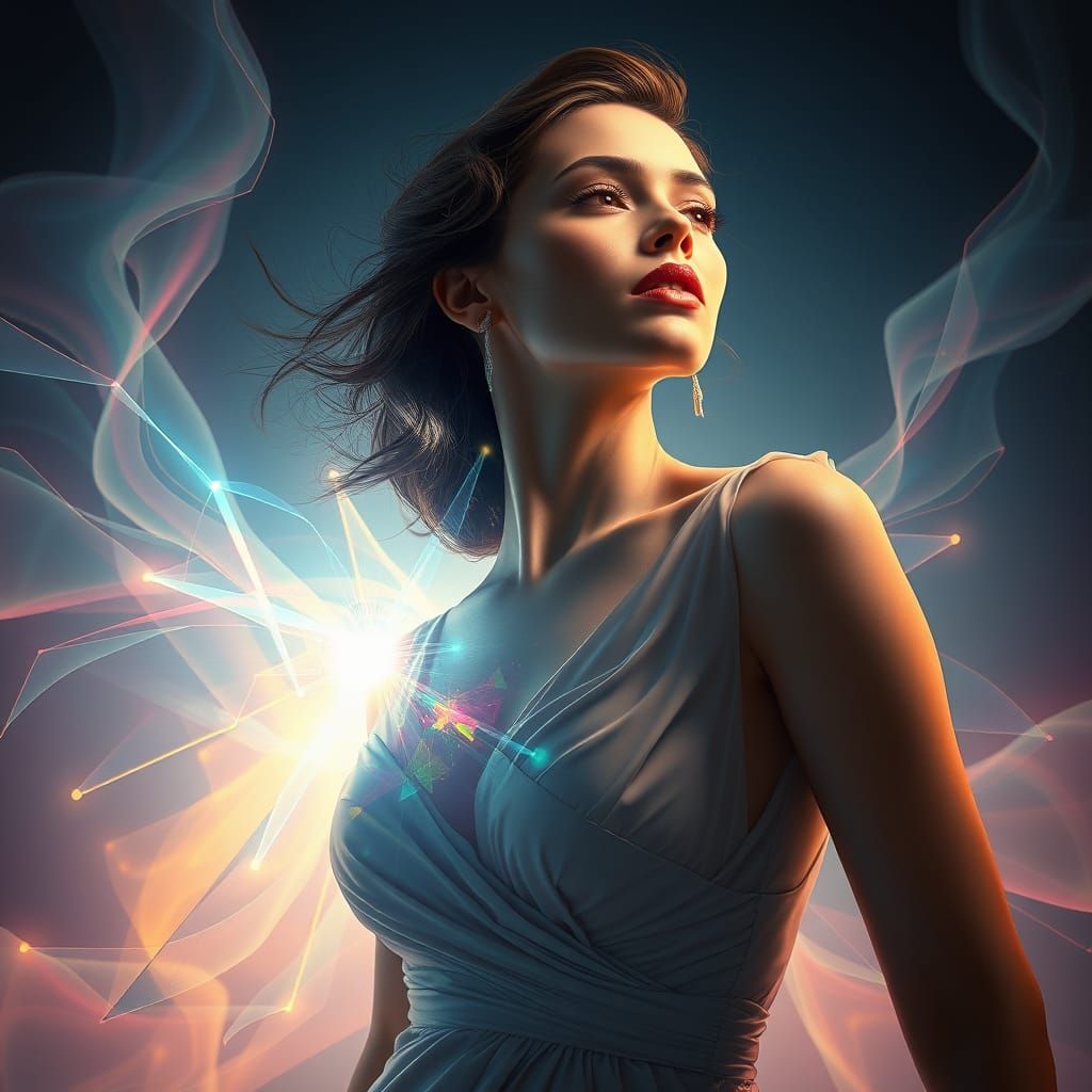 Woman Posing in Fractal Light, Photorealistic Style