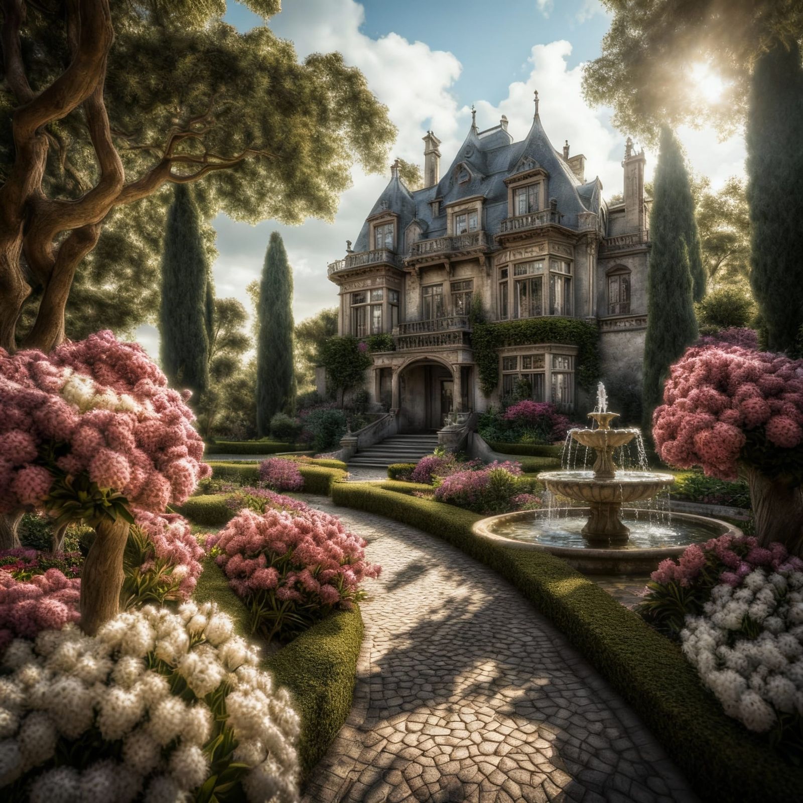 Hyperrealistic Mansion in Lush Botanical Garden