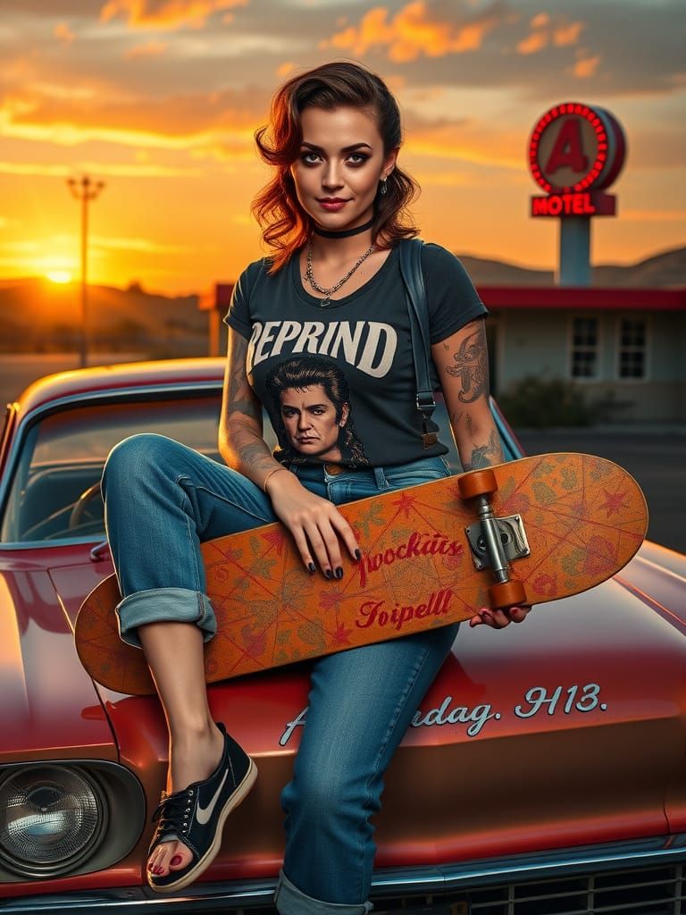 Rockabilly Pin-Up with Tattoos and Skateboard on Classic Car