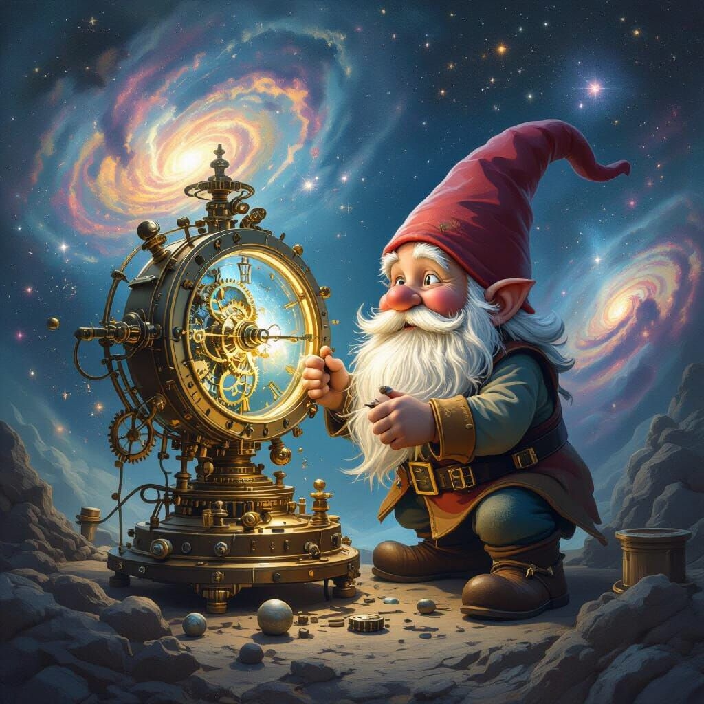 Gnome Inventor Tinkering with Celestial Clockwork Device