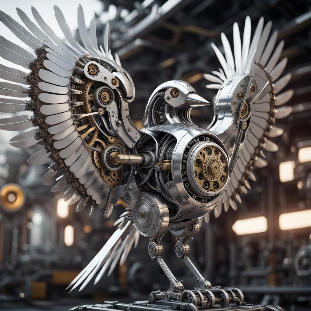 Mechanical Bird with Silver Feathers in Photogram Style