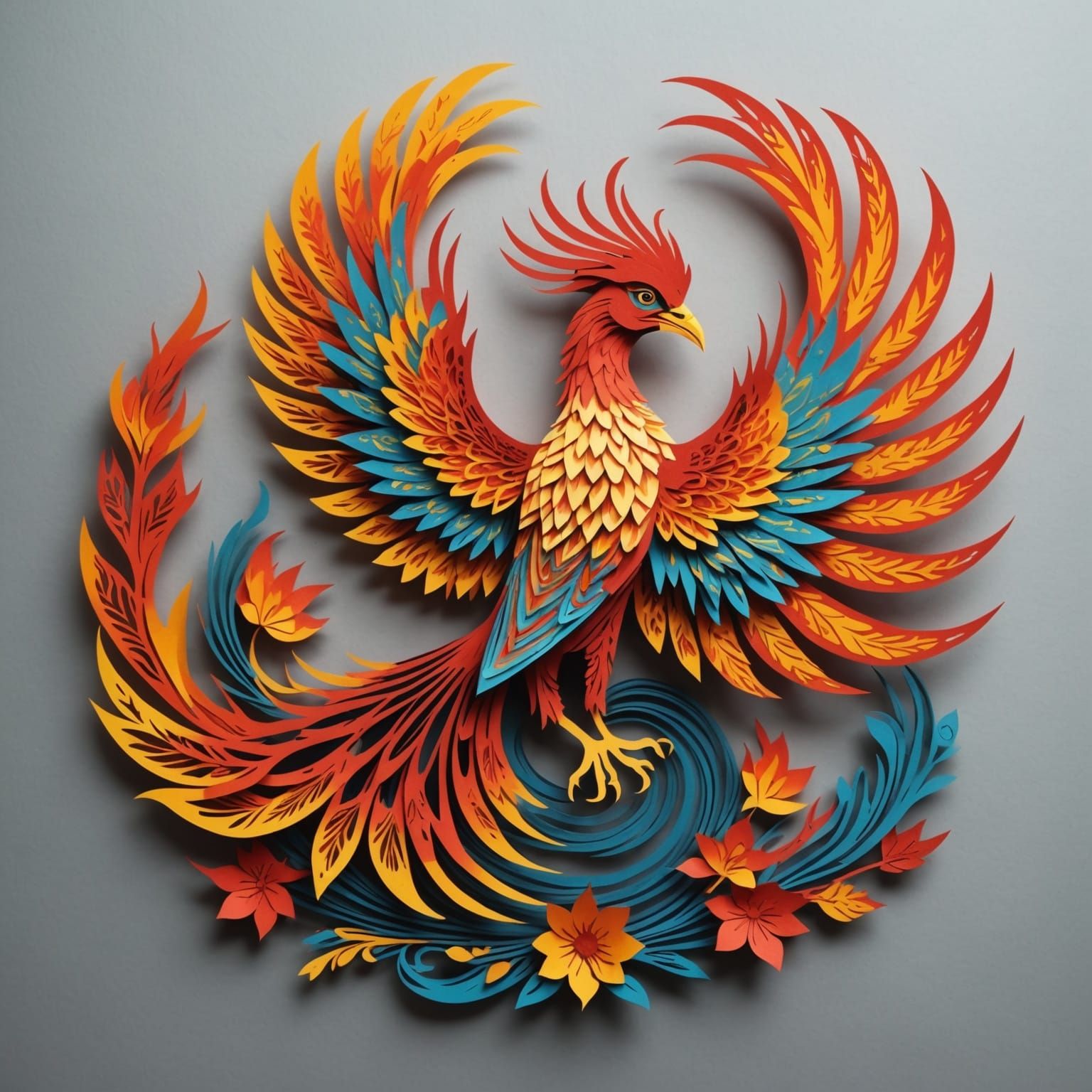 Detailed Kirigami Phoenix with Fire Particles