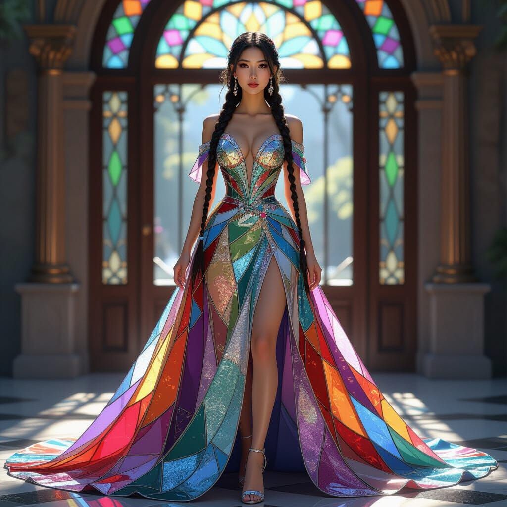 Elegant Woman in Shimmering Glass Ballgown