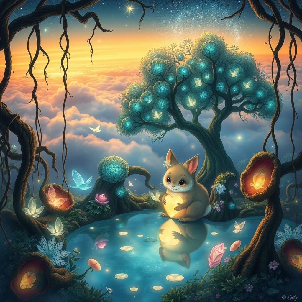 Whimsical Cloudscape Garden in Iridescent Hues