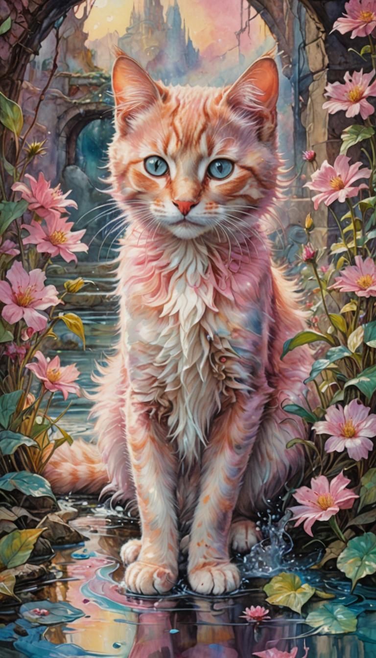 Pink Kitten in Watercolour Splash-Art Style