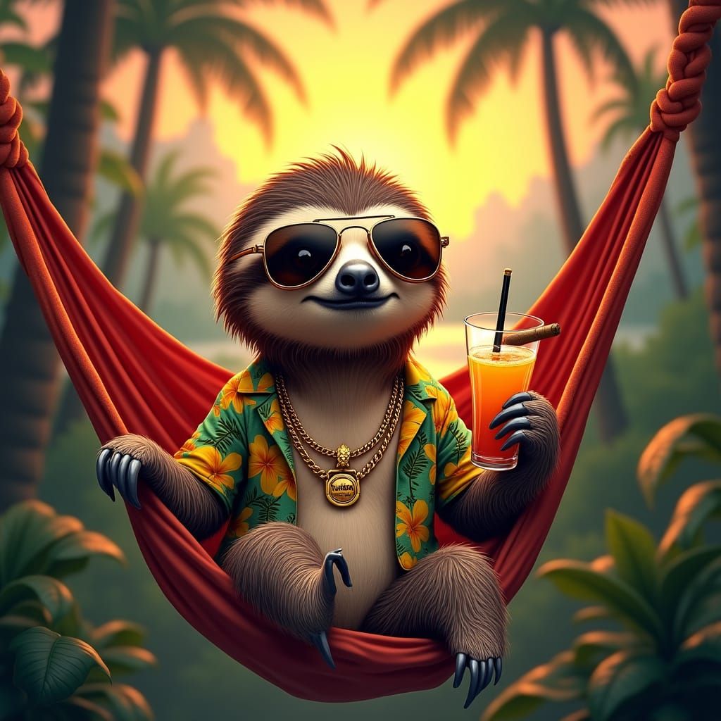 Sloth in Jungle Hammock with Aviator Sunglasses