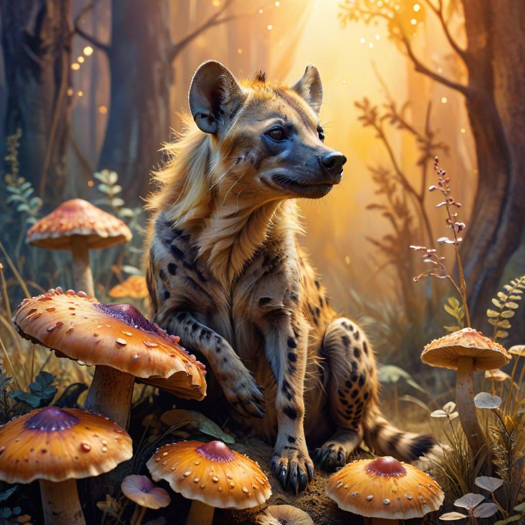 Hyena on Mushroom in Dreamlike Watercolor Style