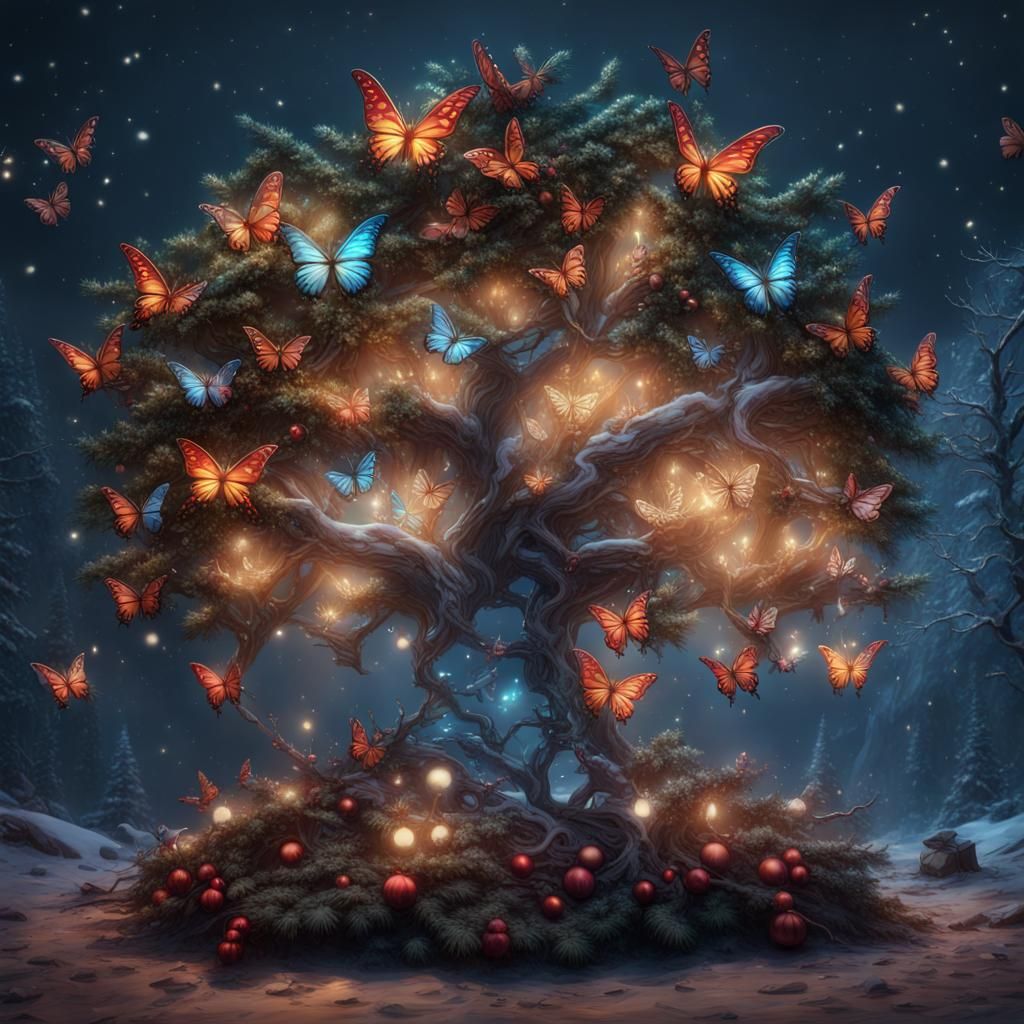 Fantastical Christmas Butterfly Tree in Detailed Painting