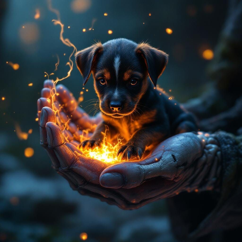 Bloodhound Puppy in Skeletal Hand: Detailed Matte Painting