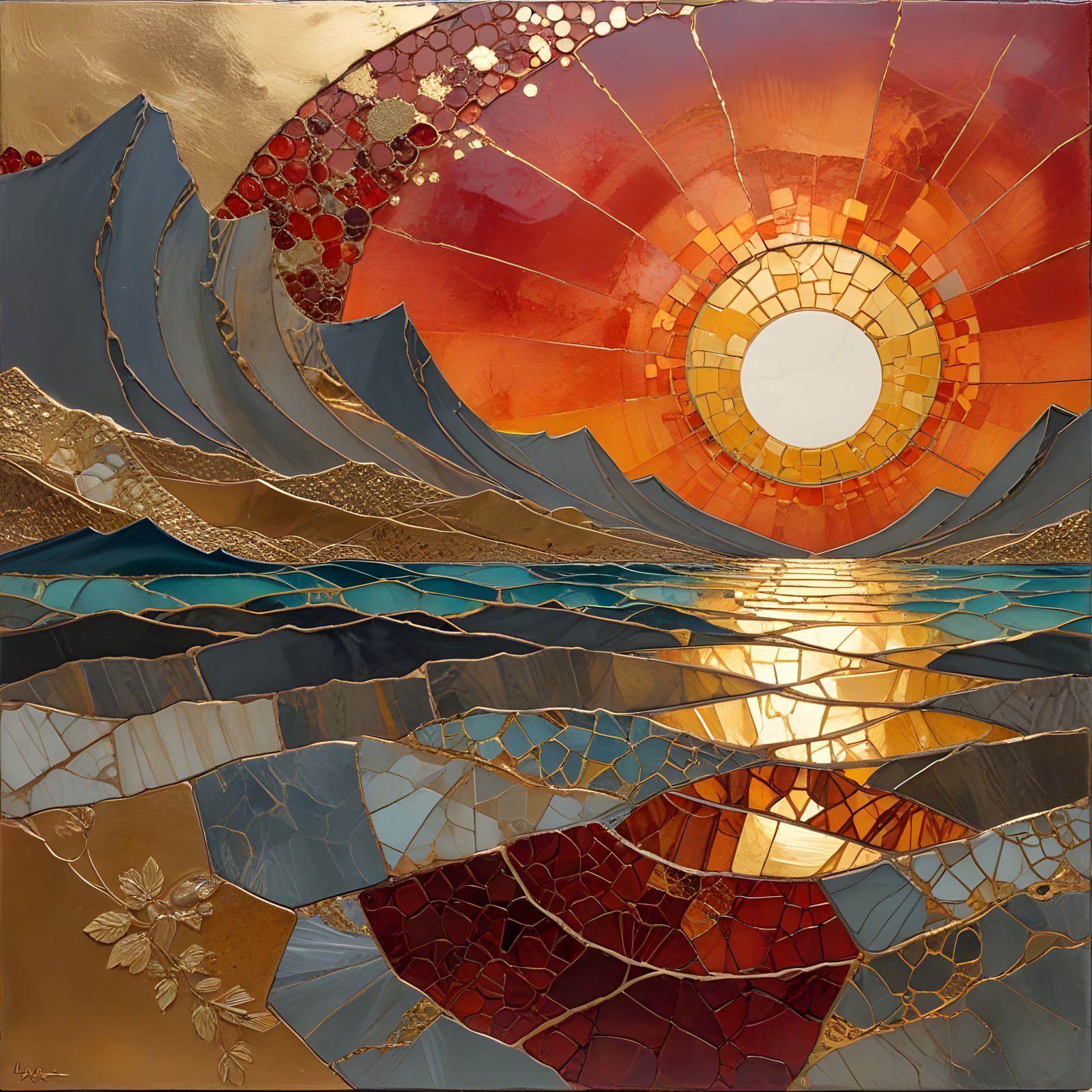 Surreal Ocean Sunset in Impasto Encaustic Style