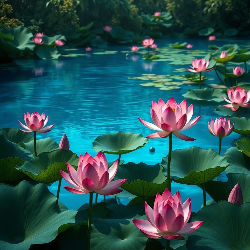 Brahma Lotus Flowers on Crystal Blue Lake