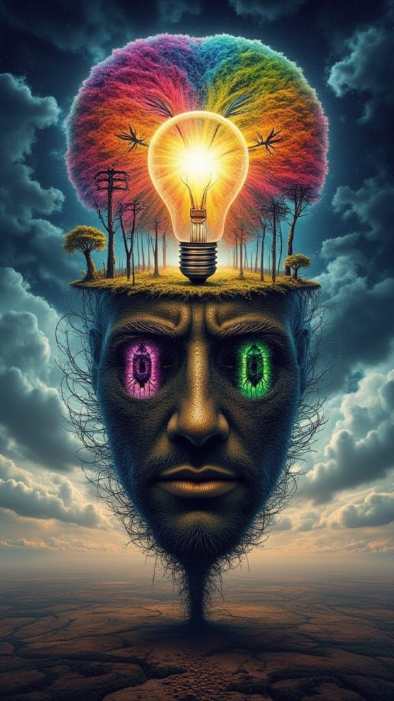 Surreal Mindscape With Binary Code and Rainbow Spiderweb