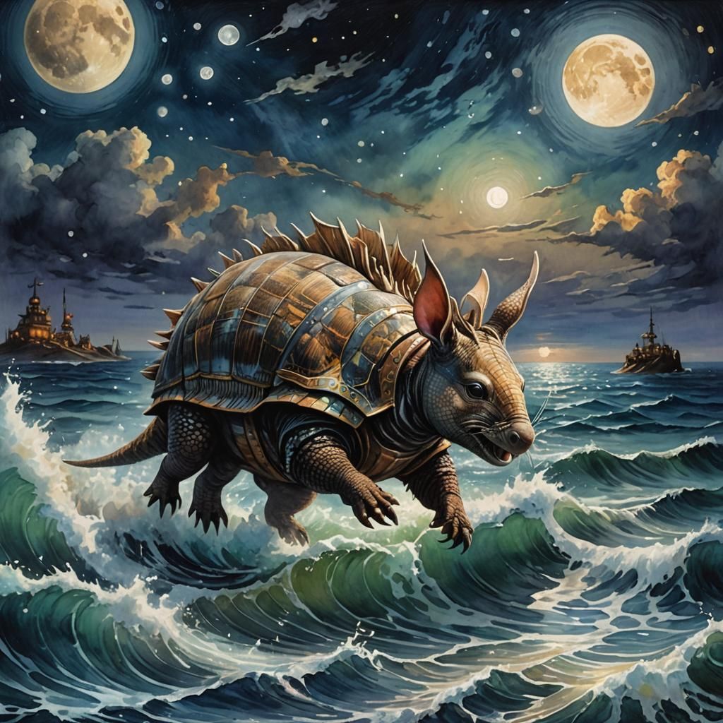 Flying Armadillo Summoned in Dystopian Gouache Moonscape