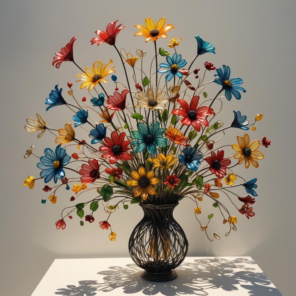 Vibrant Wire Sculpture: Vase of Flowers in Sunshine