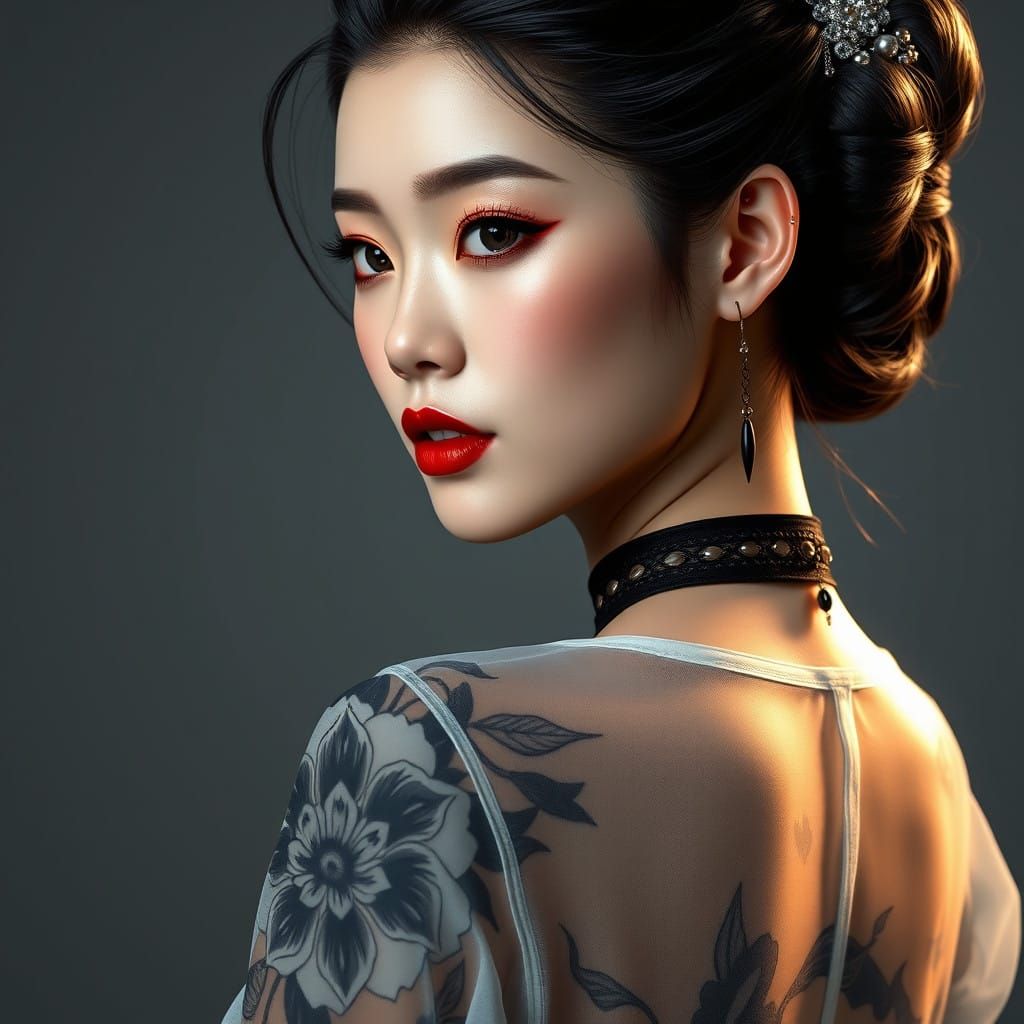 Stunning East Asian Woman in Elegant Attire with Intricate T...