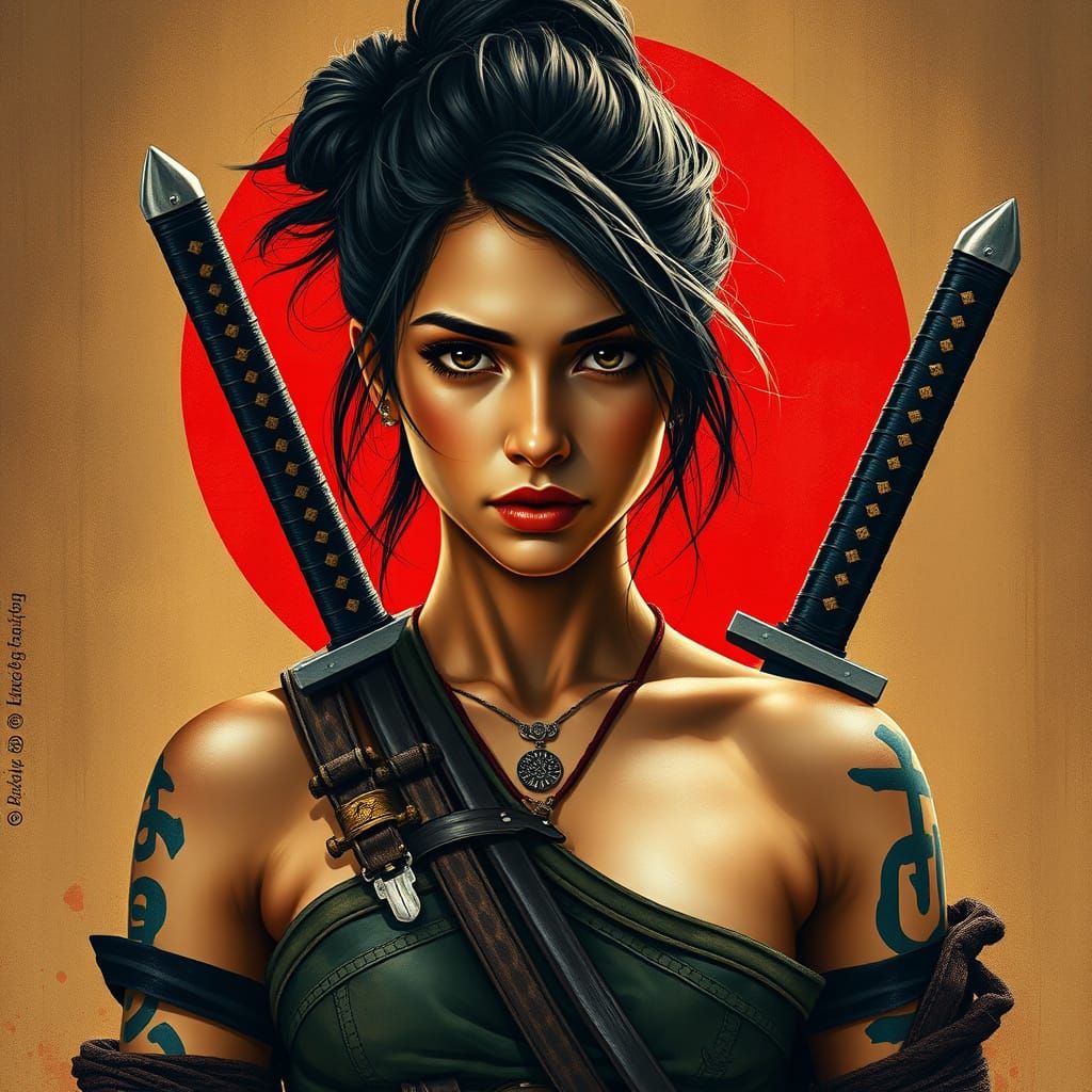 A highly detailed and dramatic painting of a young South Ind...