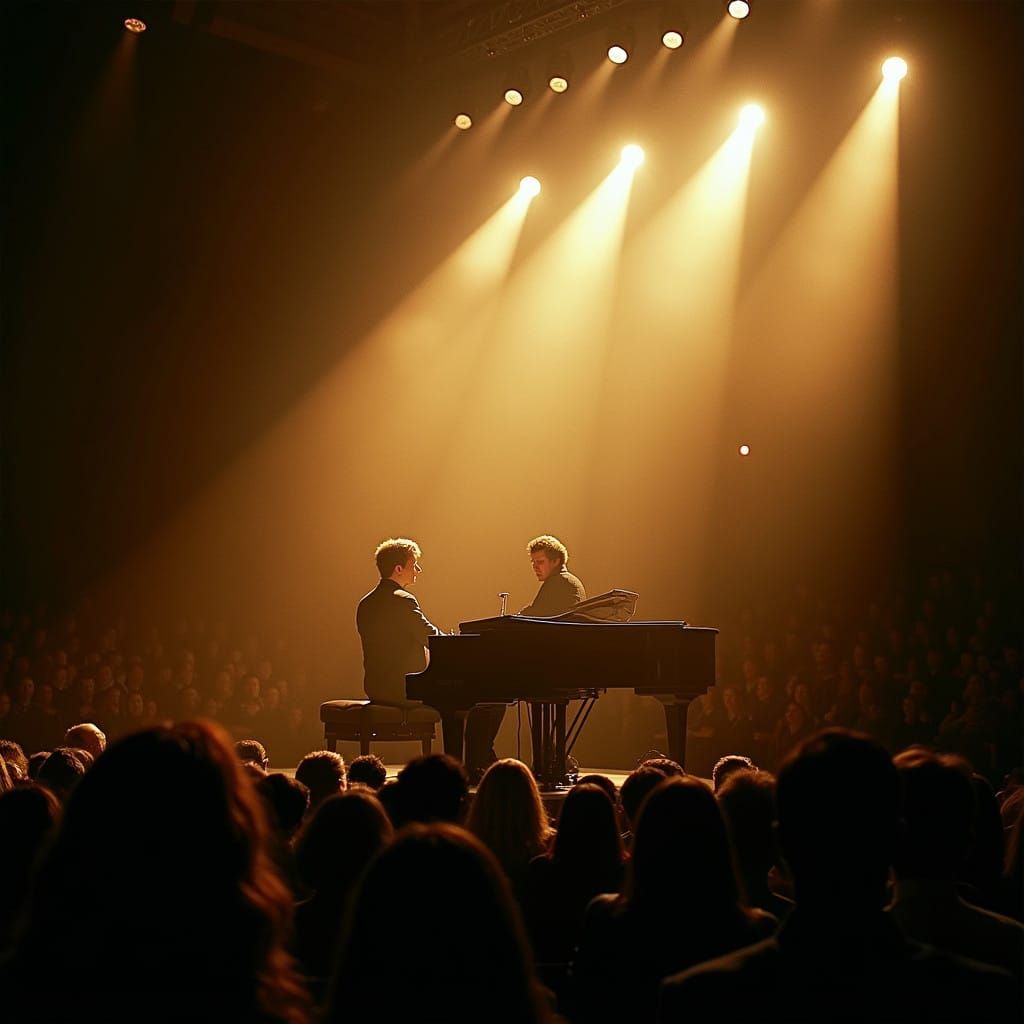Cinematic Musician in Spotlight, Grand Piano, Sold-Out Crowd