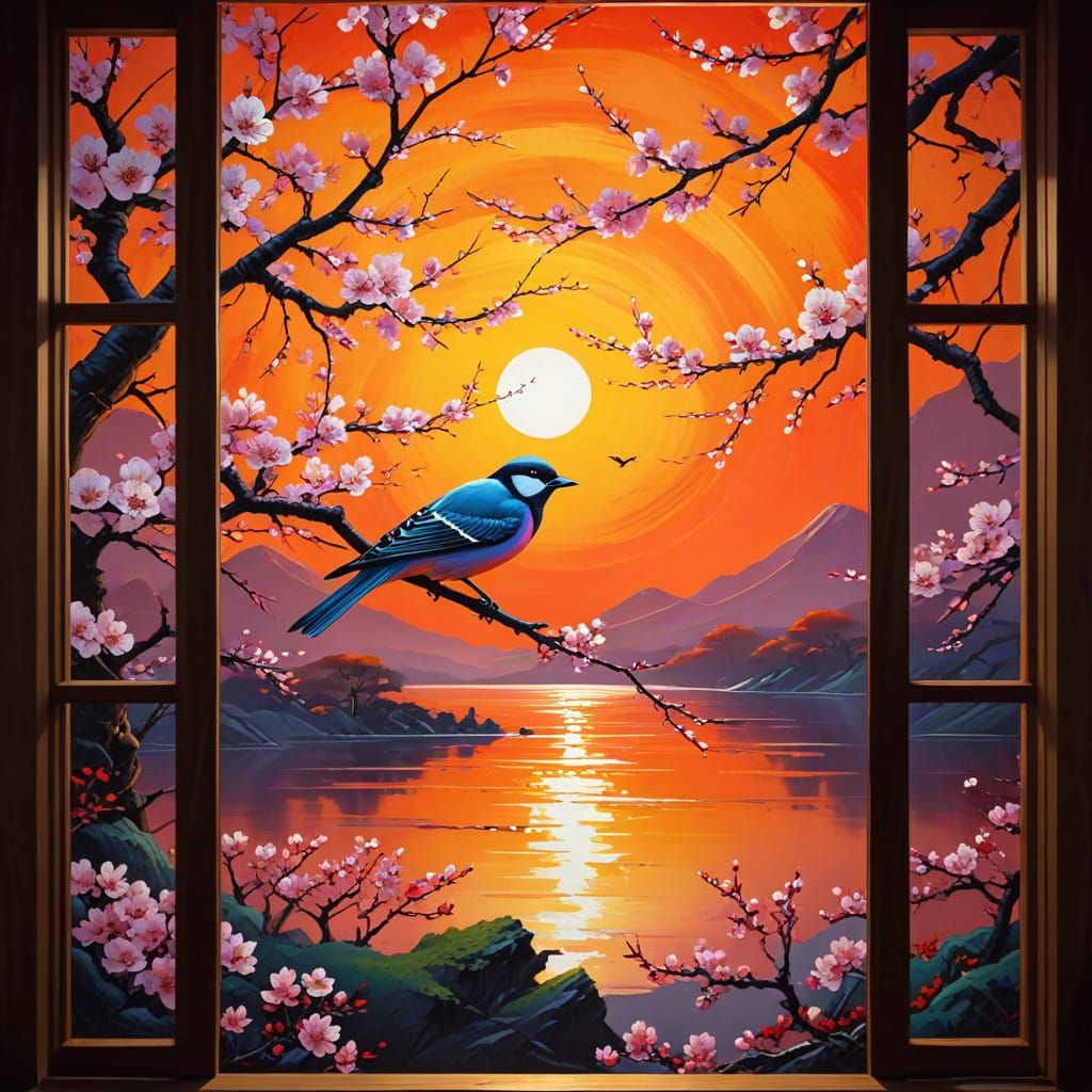Abstract Blossom Tree Sunset Bird Scene with Japanese Cultur...