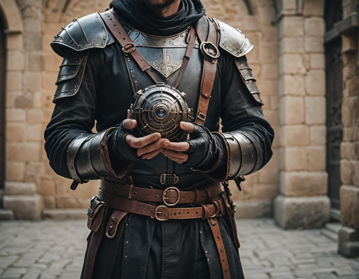 Medieval Person with Cyber Artifact in Cinematic Style