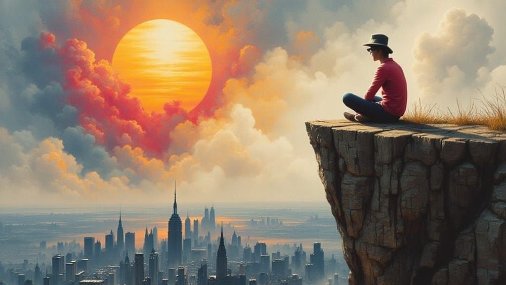 Lone figure watches sunset over city, neo-gothic style