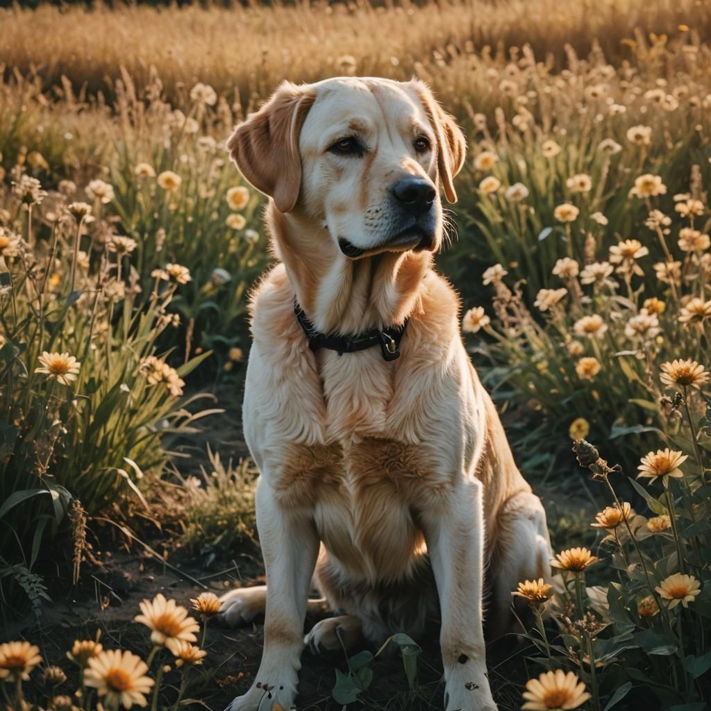 Lion-Colored Labrador in Sunset Field: Photorealistic Style
