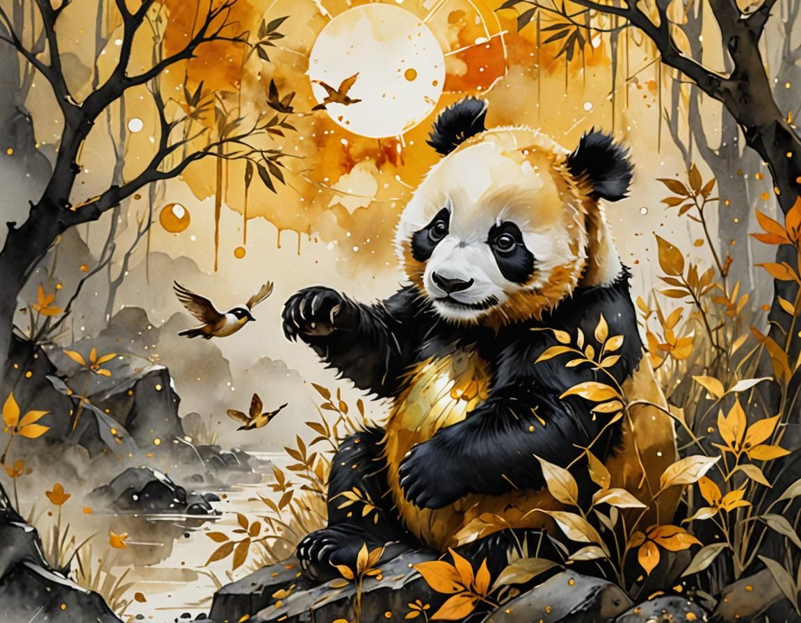 Golden Panda and Bird in Misty Light