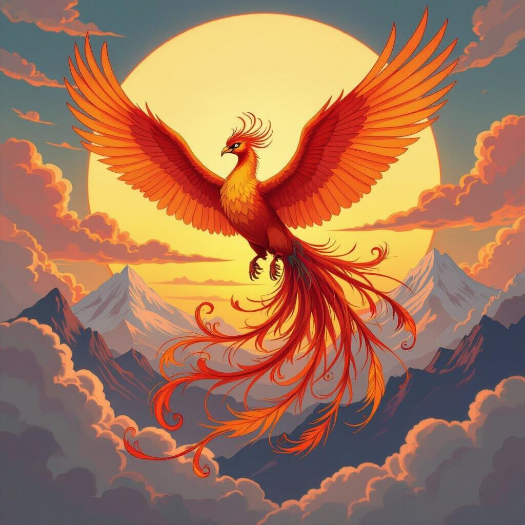Phoenix Soaring Through Sunset Sky in Art Nouveau Style