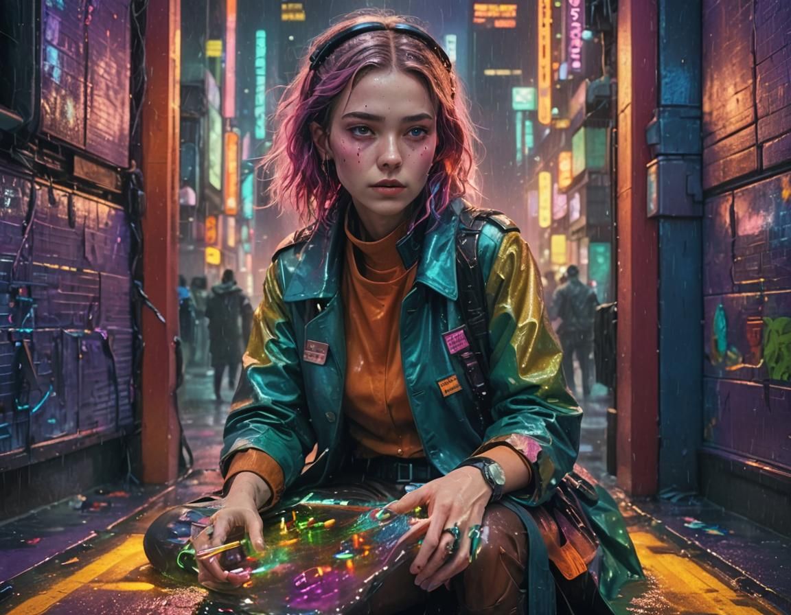 Neon Cityscape with Figure in Cyberpunk Style