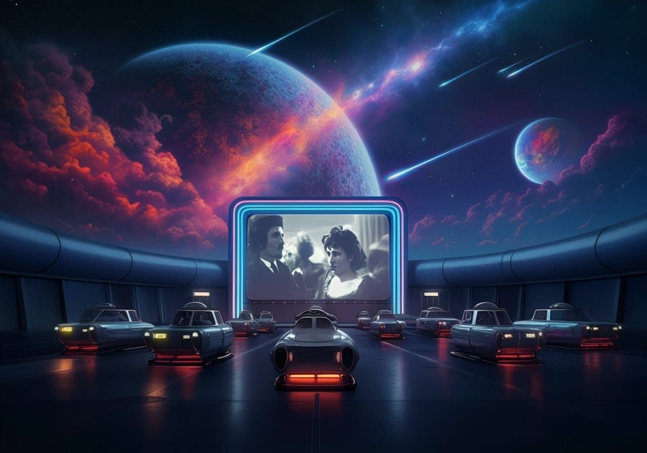 Retro-Futuristic Drive-In Movie Theater in Neon and Metallic...