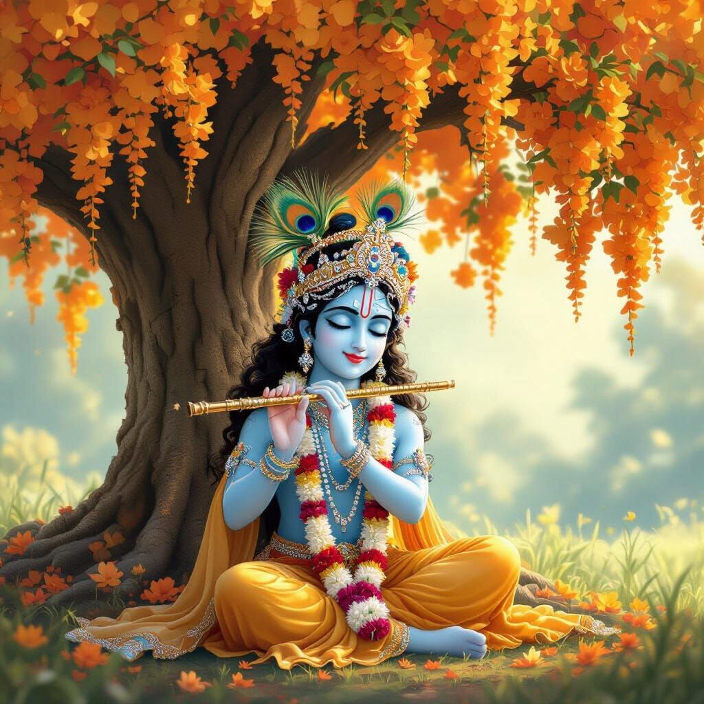 Krishna Playing Flute Under Kadamba Tree in Raja Ravi Varma ...