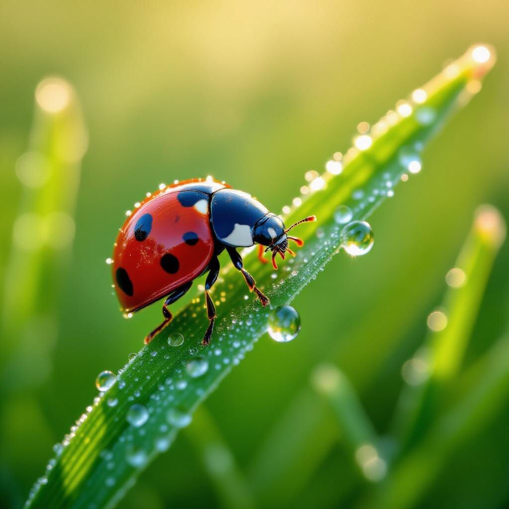 Macro Photo of Ladybug on Dewy Grass