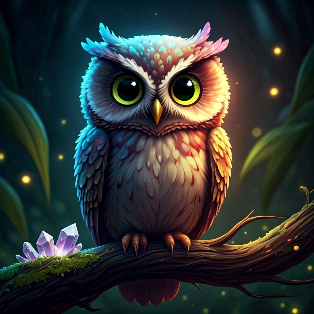 Iridescent Owl in Moonlit Forest: Fantasy Concept Art
