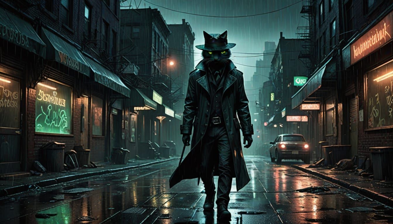 Neo-Noir Alley Cat in Fedora Under Neon Lights