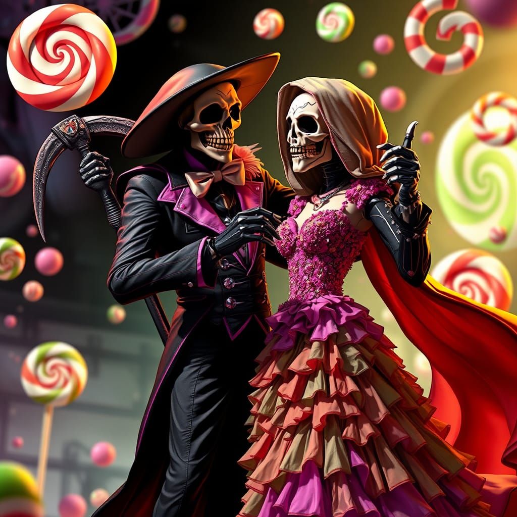 Dancing Grim Reaper in Whimsical Candyland