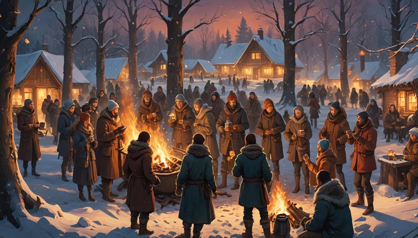 Kazak and Friends Around Winter Bonfire at Night