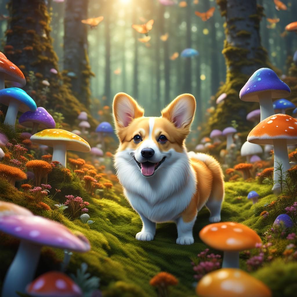 Corgi in Rainbow Mushroom Forest: Fantasy Concept Art