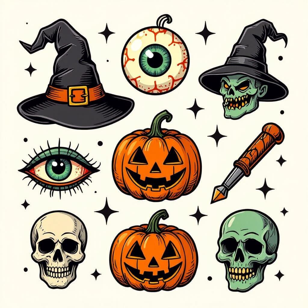 Halloween Tattoo Flash Sheet in 50s Style