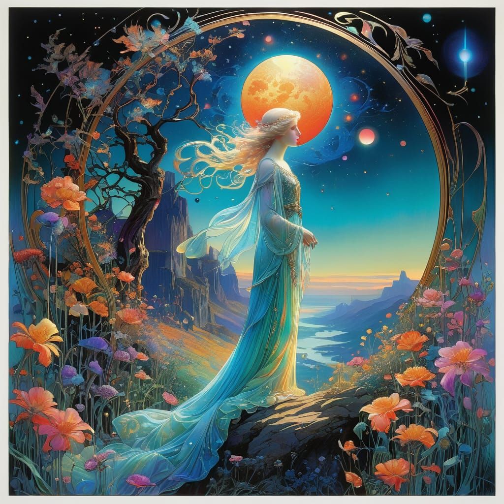 Death and Life's Light in Psychedelic Art Nouveau Style