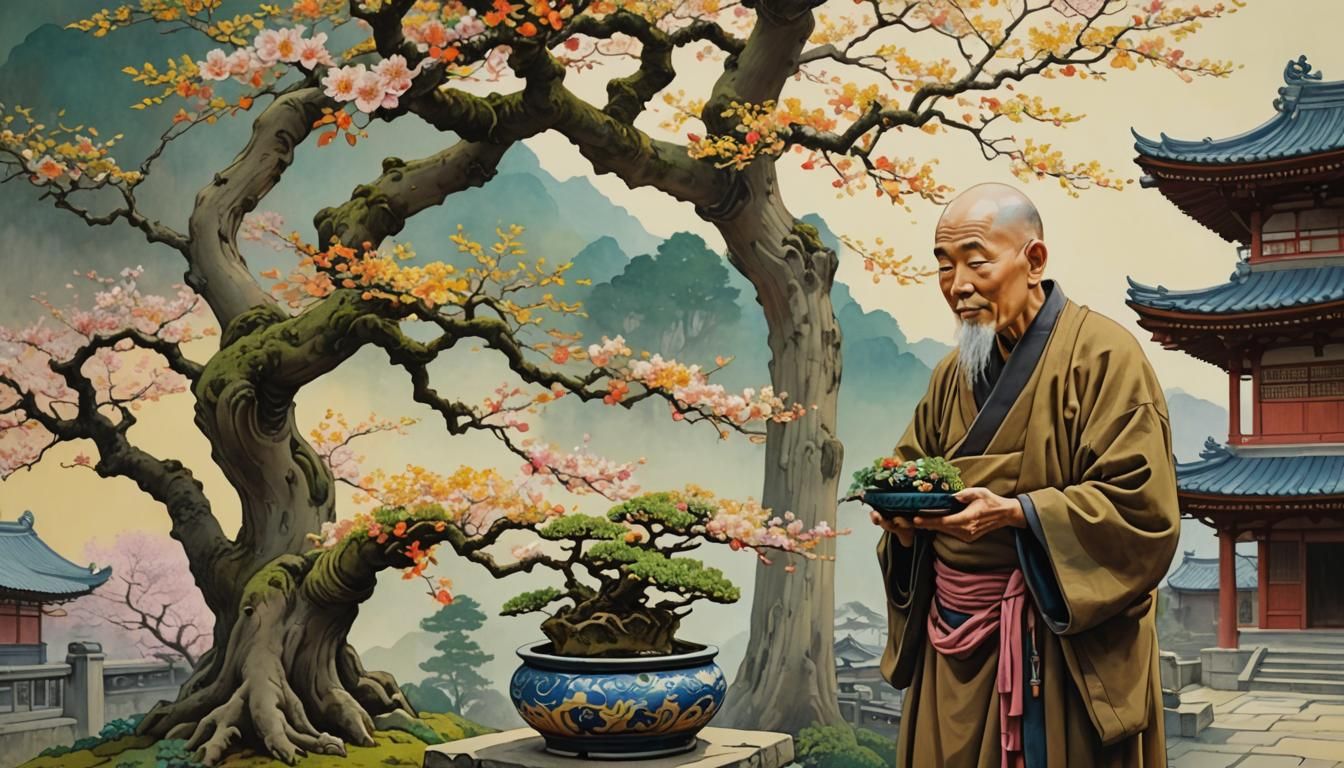 Monk with Bonsai Tree in Gouache Painting Style