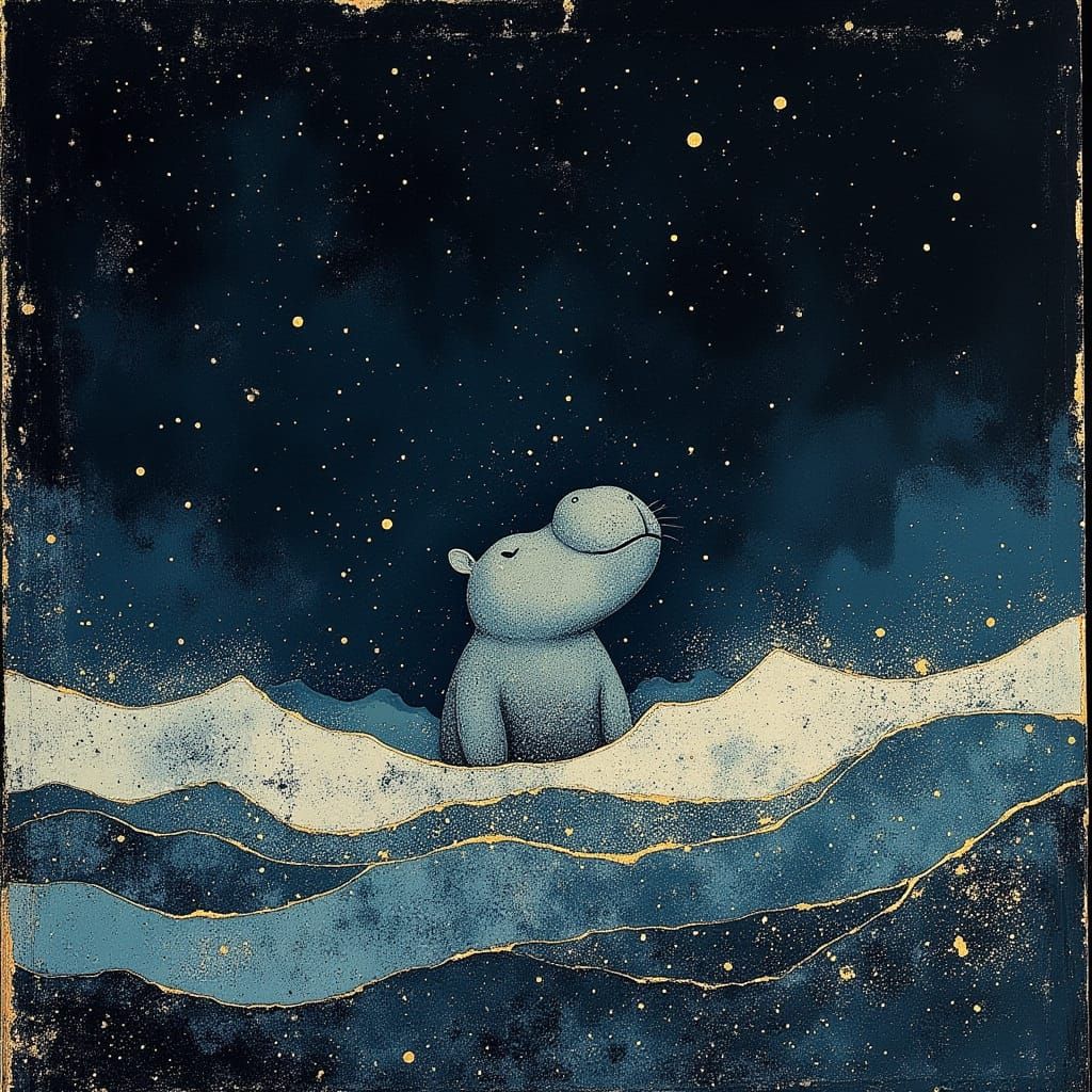 Lone Hippopotamus in Starry Nile Landscape with Textured Wav...