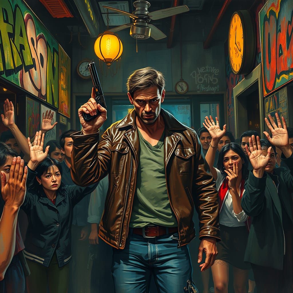 Man in Dark Bar Surrenders, Surrounded by Vibrant Graffiti