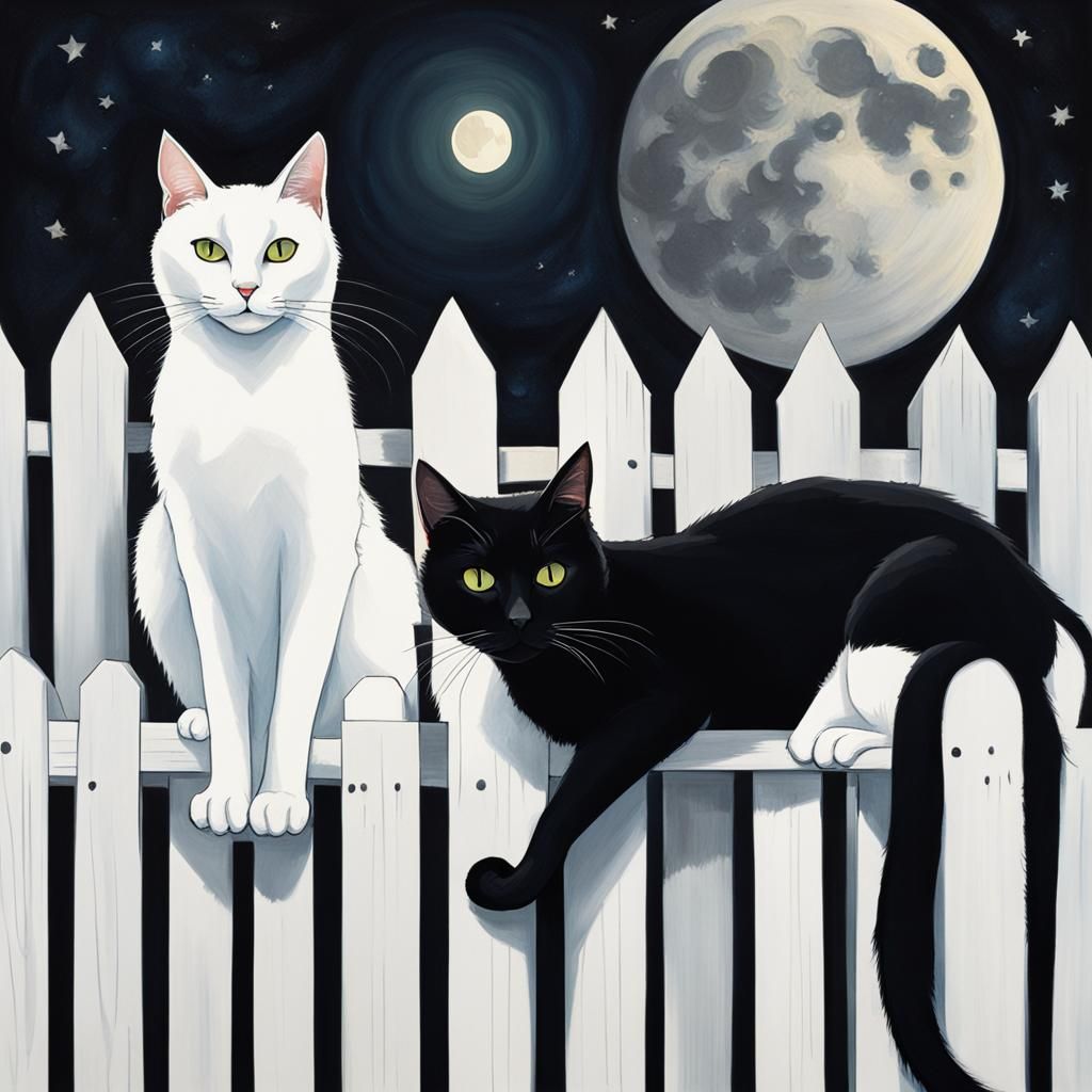 Black and White Cats Moonlit Fence