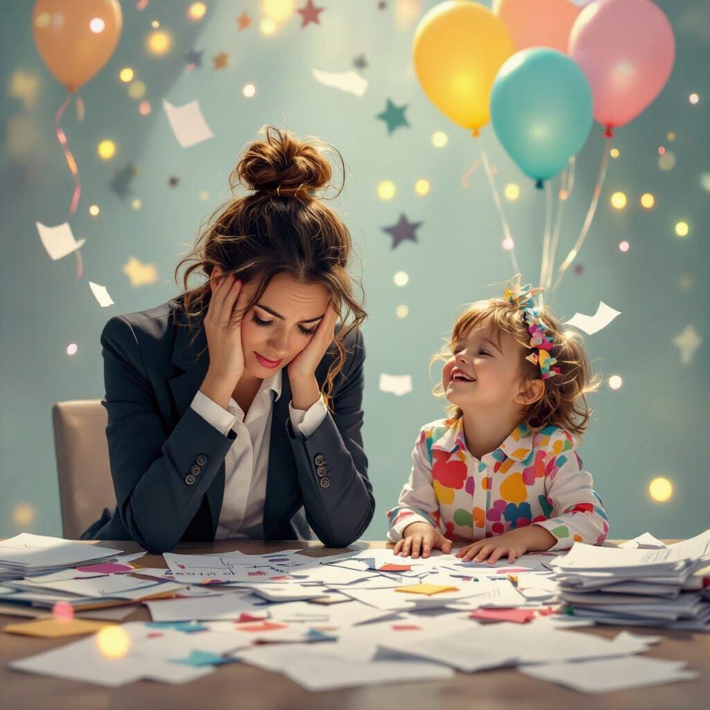 Overwhelmed Woman and Joyful Child: Dreamlike Illustration