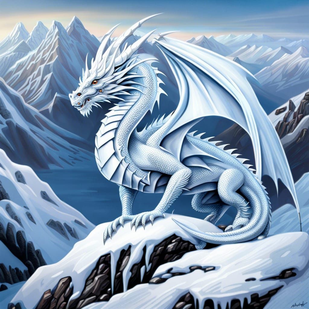 Icy Dragon on Snow Mountain, Shimmering Ice Landscape