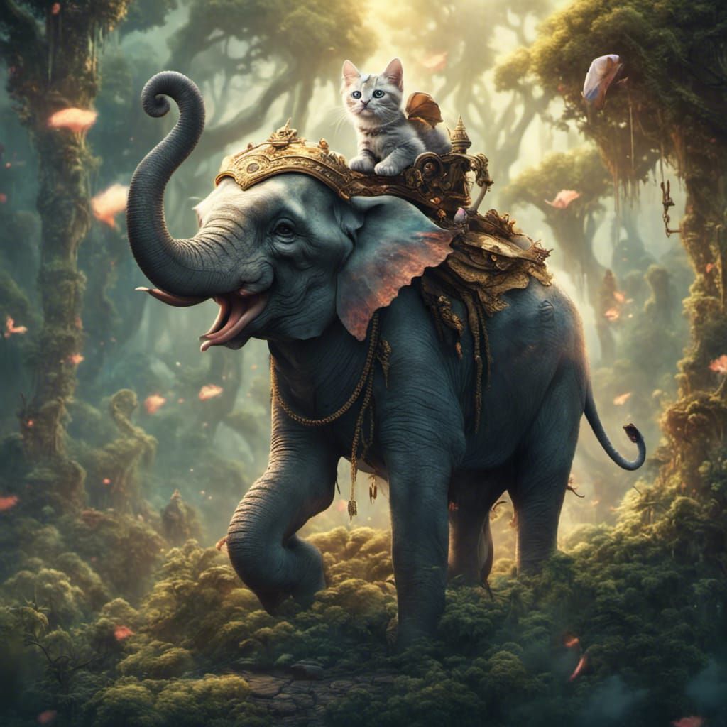 Kitten and Elephant in Magical Forest, Fantasy Art