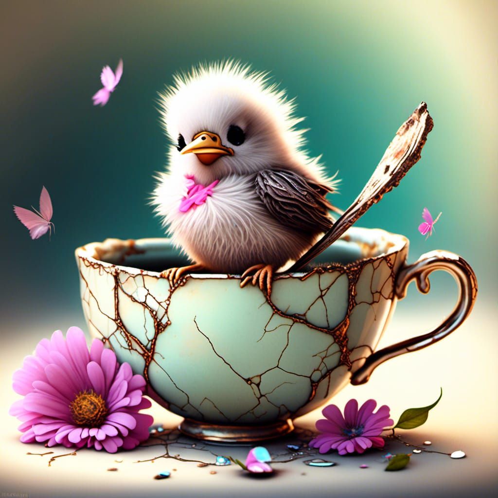 A cracked broken cup with a little fluffy pretty bird.