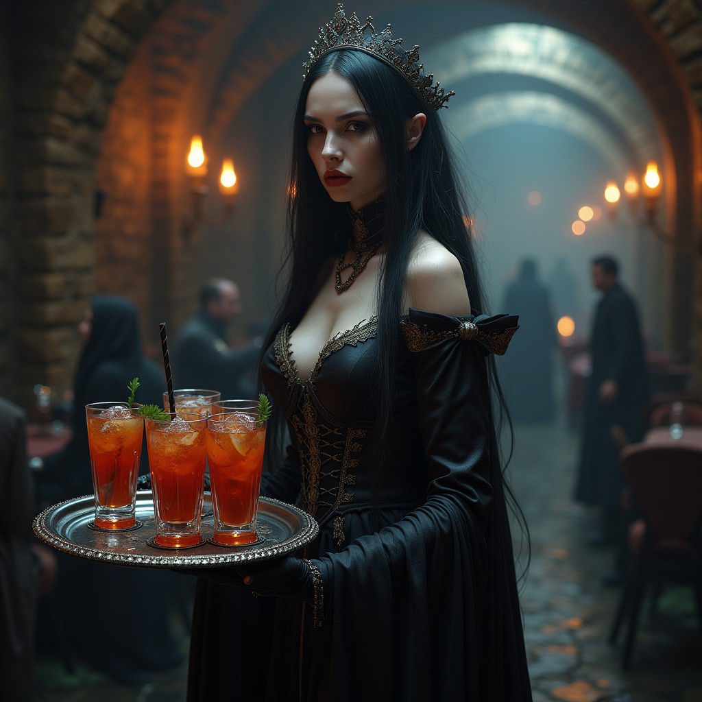 Vampiress Servant in Underground Tavern: Hyperrealistic Art